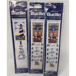 Vintage Bucilla Cross Stitch Bookmark Kits 1-Cat 2-Lighthouse Lot Of 3 Sealed